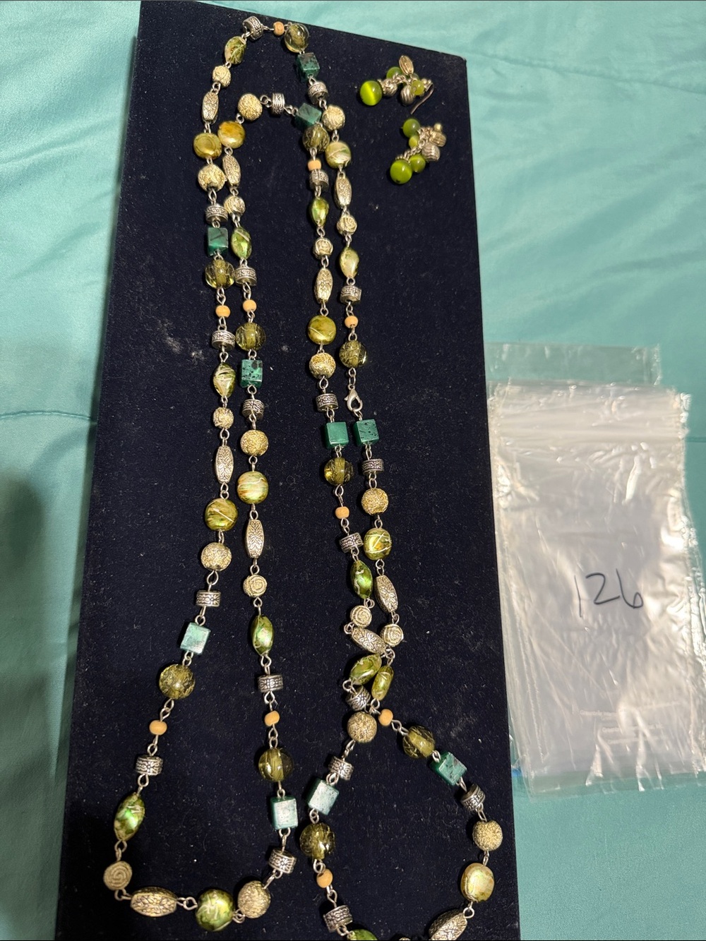 Green Bead Long Necklace with Matching Earrings - Unbranded